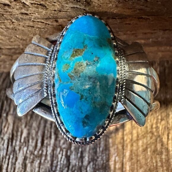 Native American Turquoise Winged Abedabun Sterling Silver Cuff Bracelet in Gift - Picture 14 of 14